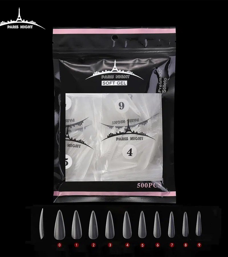 TIPS SOFT GEL PRELIMADO STILETTO x500 EN BOLSA